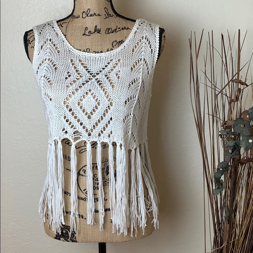 Womens Haute Society Fringe Sleeveless  Boho White crochet top